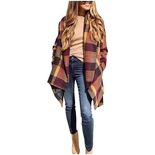 Dosoop Women's Turn Down Collar Grid Coat Belted Wool Blend Coat Asymmetric Hem Wrap Coat Trench Jacket Overcoat Outwear