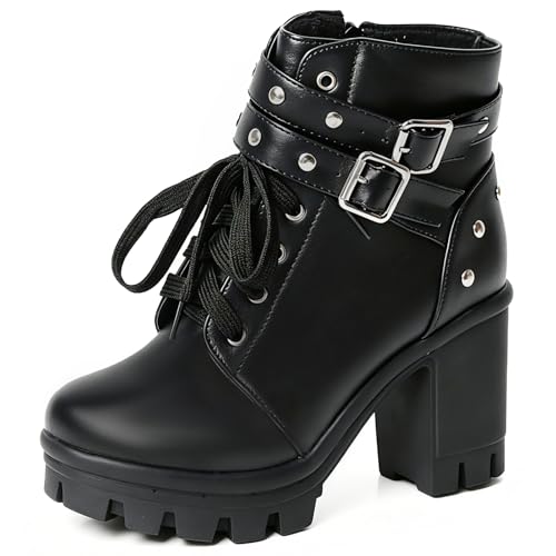 Image of FOREADA Goth Boots Chunky Heel Boot For Women Ankle Combat Booties Black Platform Bootie Buckle Rivets Punk Goth Shoes With Zipper