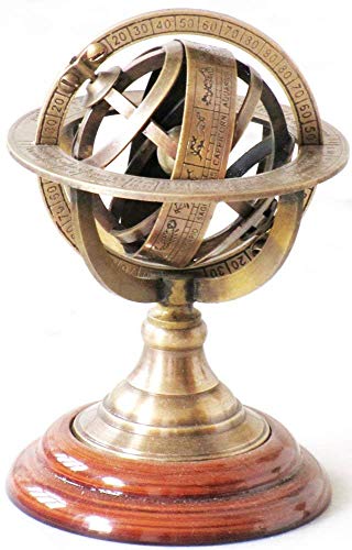 Brass Armillary Sphere Astrolabe On Wooden Base Maritime Nautical & Collectible