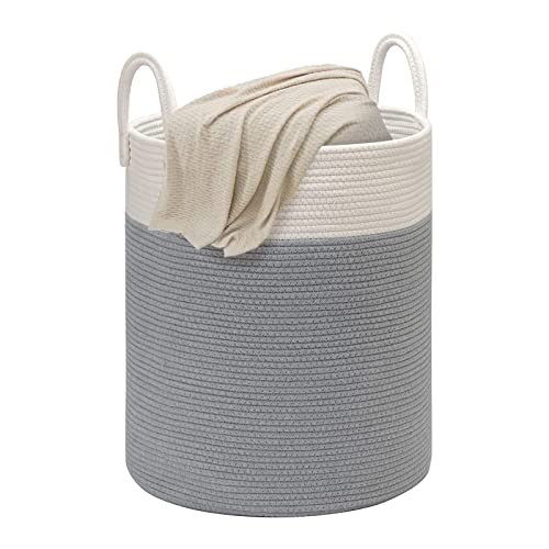 LITLANDSTAR Large Cotton Rope Basket, 40 x 50cm Woven Laundry Basket Storage Bins for Dirty Clothes Blankets Toys Storage with Handles, White & Grey