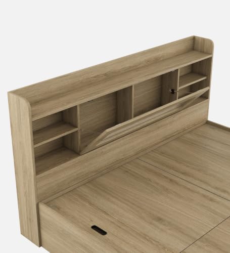 Image of Mintwud Pepperfry Engineered Wood Cavour Queen Size Bed with Box Storage and Open Shelves | Wooden Double Bed Cot Palang Furniture for Living Room Bedroom Home and Hotels (Santana Oak Finish)