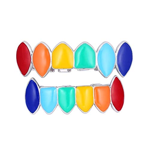 Campsis Hip Hop Plated Mouth Grills Colorful Grills Iced Teeth Girllzs Cool Rainbow Top and Bottom Grillz Sets Nightclub Raves Halloween for Men and Women