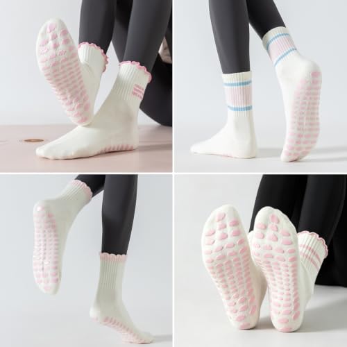 Image of Toes Home Pilates Socks for Women with Non Slip Grippers, Yoga Crew Socks for Barre Hospital Sticky Slipper Socks 4 Pairs