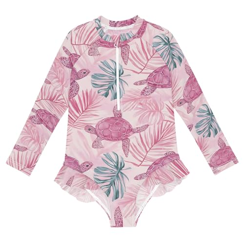 Pink Turtle Leaves Pattern Girls Long Sleeve Swimsuit Rash Guard One Piece Bathing Suits Zipper 3-12T
