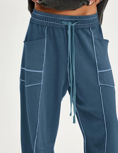 Wide Leg Barrel Sweatpants for Women Baggy Palazzo Pants Drawstring High Waist Color Block Lounge Sweat Pant3