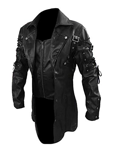 Goth Matrix Trench Coat Gothic Steampunk Men's Black Steampunk Gothic Leather Coats (L, Real Leather) #TOP1