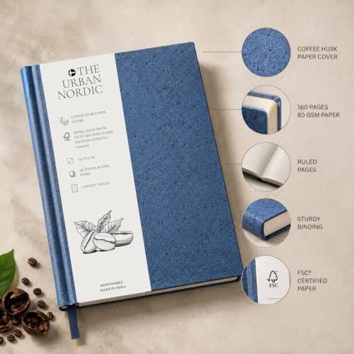 Image of Eco Friendly Blue Notebook A5 | Tree-Free Coffee Husk Paper Cover Journal | FSC Certified College Ruled Recycled Pages | Premium Minimal Diary for Office, Work & Gifting