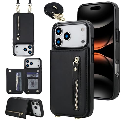 Étui en cuir iPhone 17 Pro noir design premium avec sangle arrière à rabat