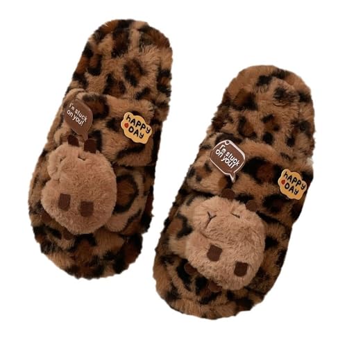Capybara Slippers Cute Fuzzy Warm Plush Winter Shoes, Leopard Cozy Indoor Outdoor House Sandals Bedroom Comfort Wear Soft Cloud Slides Faux Fur Furry Lightweithg Anti-Skid Funny Grips Kawaii Slippers