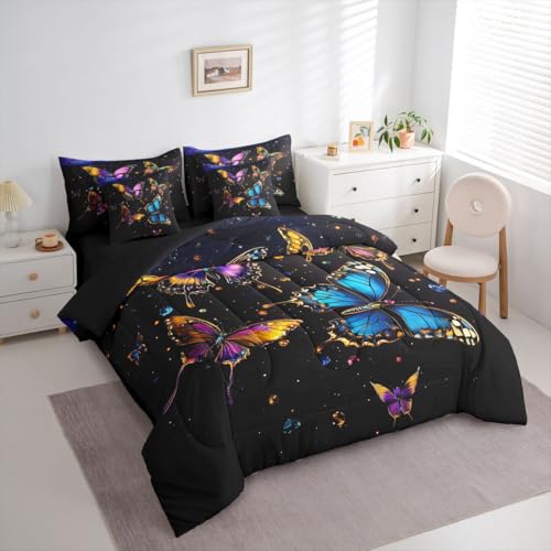 Image of Colorful Butterflies 7 Pieces Bedding Set King Size,Dreamy Starry Sky Bed in a Bag,Outer Space Galaxy Bed Set Includes Comforter,Sheet Set,Pillowcases & Pillow Covers,Garden Wildlife Bedroom Decor