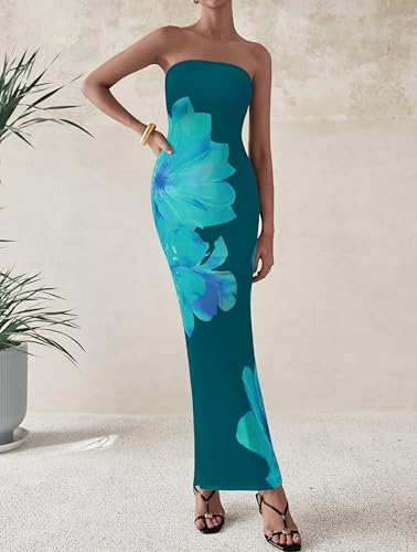 Image of PRETTYGARDEN Women Summer Strapless Maxi Dress Bodycon Floral Sexy Long Wedding Guest Dress Formal Tube Mesh Cocktail Dresses
