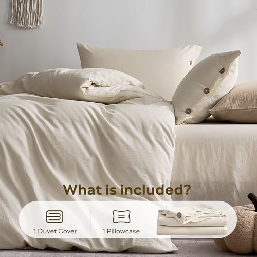 Image of JELLYMONI 100% Washed Cotton Duvet Cover Twin - Soft, Breathable Linen-Look Bedding with Natural Wrinkle Texture, Button Closure, 2-Piece Set (Oat Milk, 68 inchx90 inch)