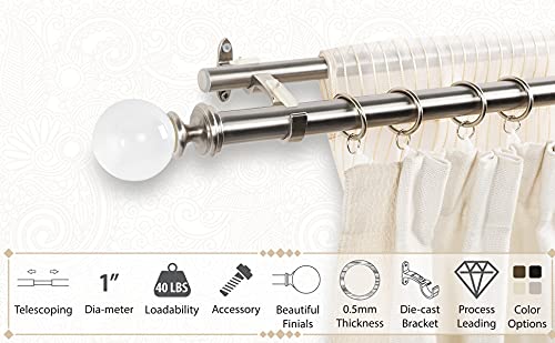 Image of Deco Window 1 Pc 36-66 Inch Extendable Double Curtain Rod with Brackets for Door & Windows Heavy Duty Iron Dual Telescopic Drapery Pole with Acrylic Ball Finials (25mm Diameter, Satin Silver)