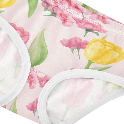 Pink Yellow Tulips Floral Green Leaves Little Girl Panties Toddler Girls Underwear Cotton Fancy Briefs Kids Undies 2t4