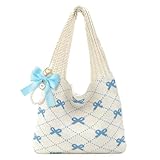 JeVenis Pink Crochet Tote Coquette Bow Aesthetic Hobo Bag for Women Beach Mesh Knitted Shoulder Bag Boho Shoulder Handbag (Blue)
