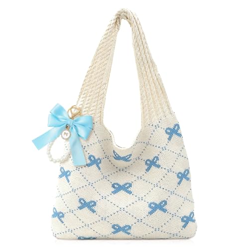 JeVenis Pink Crochet Tote Coquette Bow Aesthetic Hobo Bag for Women Beach Mesh Knitted Shoulder Bag Boho Shoulder Handbag (Blue)