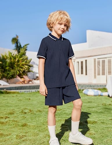 Image of Arshiner Boys 2 Piece Outfits Button Polo Shirt & Elastic Shorts 4-13 Years