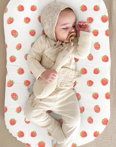 Image of Muslin Baby Lounger Cover 2 Pack, Soft Breathable Newborn Lounger Pillow Cover for Boys Girls Infant (Strawberry & Pale Pink)