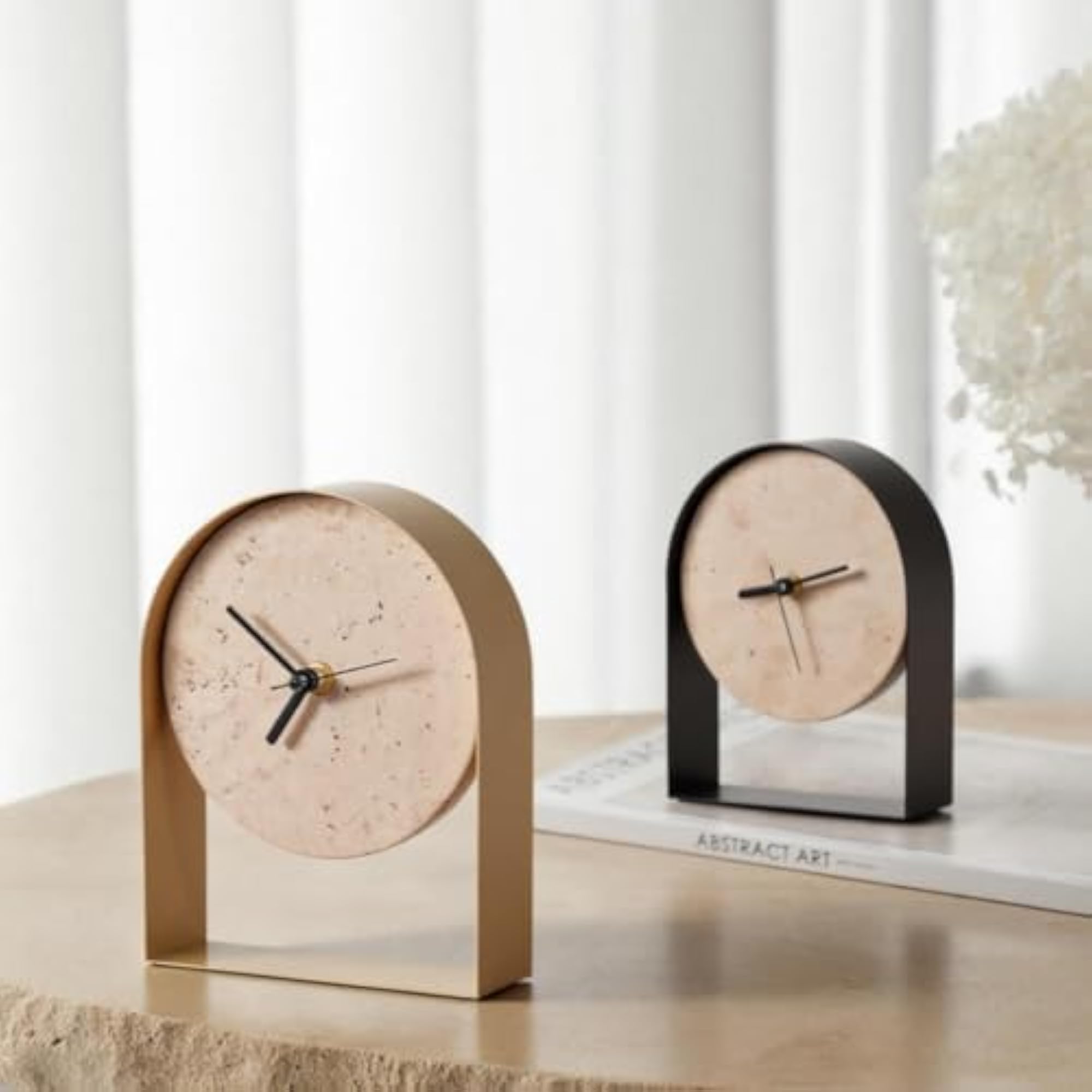 Clock with Stone Face, Compact Arched Mantel Design