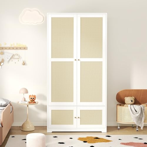 Kebnor Armario de ratán de 2 puertas, armario con barra y estantes, de MDF y frontales lacados, color blanco, 90 x 48 x 180 cm