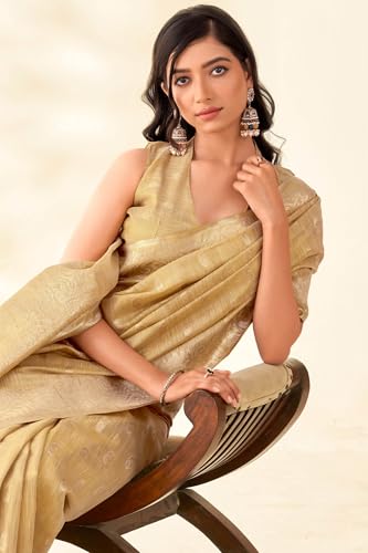 Image of SWORNOF Gold-Toned Woven Design Silk Zari Tissue Saree | Saree for Women | Soft and Skin Friendly