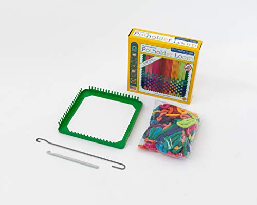 Friendly Loom 7' Potholder Kit Green Metal Loom and Bright Rainbow Color Cotton Loops, Makes 2...