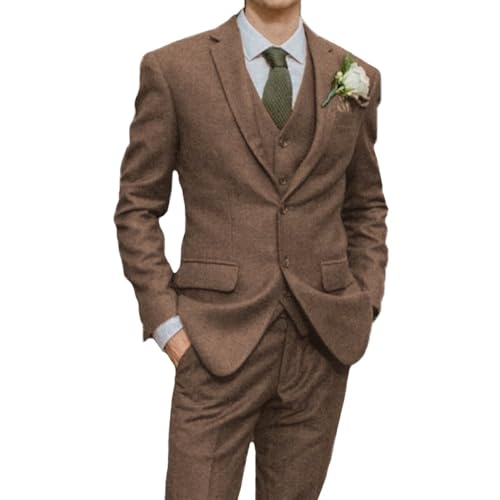 Mens Suit Slim Fit Tweed Herringbone Suit for Men Wool Blend Blazer Vest Pants Tuxedo Set