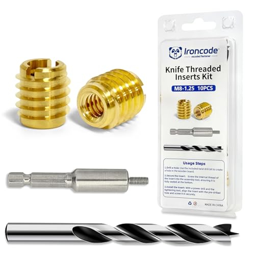 Threaded Inserts for Wood, Installation Kit, Brass, Includes M8-1.25 Knife Thread Inserts (10pcs), Drill, Installation Tool