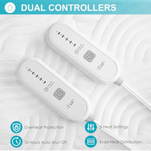 Queen Size Heated Mattress Pad -Bed Heating Pad with Deep Pocket,Dual Controller Electric Bed Warmer with Auto Shut Off & 5 Heat Settings 14.3ft Long Cord| Machine Washable (60x80 Inch)