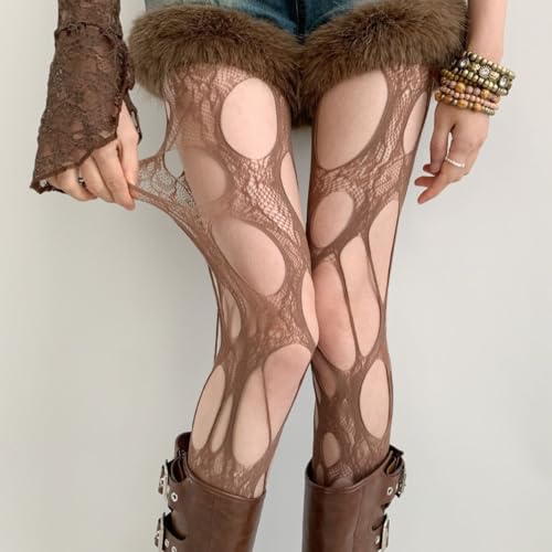 Image of Distressed Ripped Fishnet Stockings for Women Sexy Hole Mesh Tights Y2k Lace Sheer Pantyhose