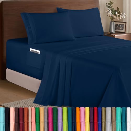 Image of Elegant Comfort Luxury 1500 Premium Hotel Quality Microfiber 4-Piece Sheet Set - Soft, All Around Elastic 18-24 Inches Deep Fitted Sheet - Extra Deep Pocket Sheets, California King, Navy Blue