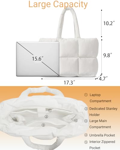 Image of Herald Puffer Tote Bag for Women, Large Quilted Puffy Handbag Lightweight Satchel Purse with Cup Holder & Compartment