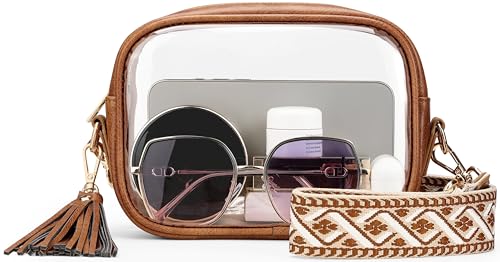 Yarnic Clear Bag Stadium Approved, PVC Transparent Crossbody Purse Small Transparent Crossbody Bag with Adjustable Shoulder Strap with Wide Strap for Concerts Sport Event Brown