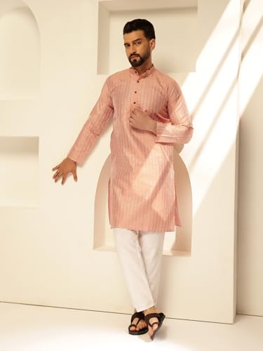Image of SOJANYA (Since 1958 Men's Silk Blend Long Kurta with Subtle White Detailing | Traditional Ethnic Wear for Navratri