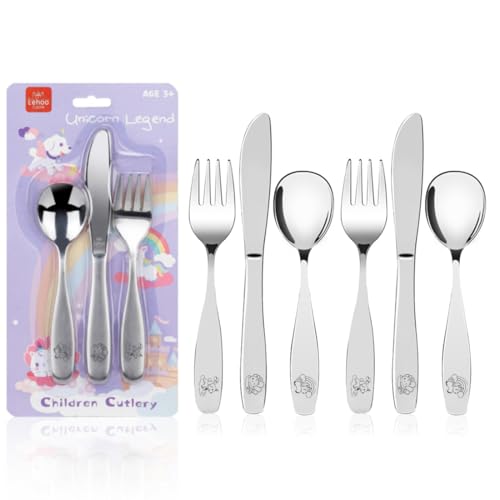 Lehoo Castle Unicorn Toddler Kids Cutlery Set 6 Pcs Stainless Steel Travel Camping Baby Cutlery Sets - 2 x Forks 2 x Spoons 2 x Knives Childrens Dinner Knife and Fork Sets (Unicorn)