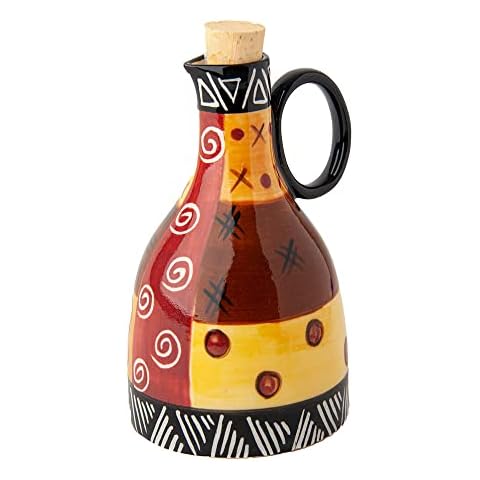 Kapula Hand Painted Ceramic Oil Dispenser Drizzler - Fair Trade - South African Safari Gold Design - Dishwasher Safe Cover
