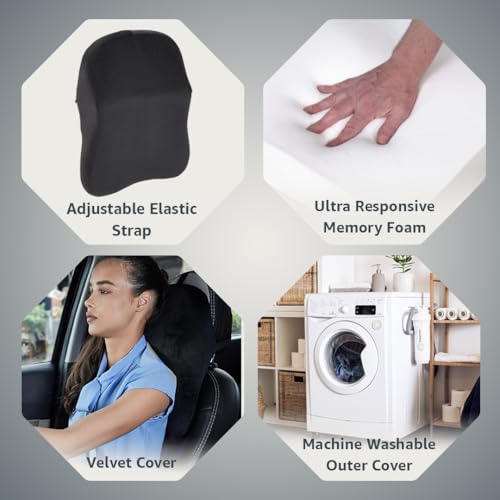Image of Amazon Basics Memory Foam Filled Cotton Car Neck Rest Pillow|Ergonomic Design|Neck,Shoulder Pain Relief|Driving & Travel Comfort|Washable Cover|1 Year Warranty | Black| 40x30x15 cm