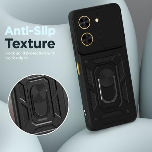 Image of Outlouders Back Cover for Poco C71 / Redmi A5 | D10 Tough Armor 360 Protection Case with Sliding Camera Shield & Ring Holder Stand Bumper Case (Black)