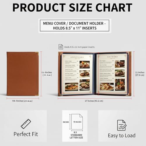 2-Pack Restaurant Menu Covers, 8.5 x 11-Inch Leather Menu Holder with 2 Pages (4 Views) for Wine Lists and Dinner Menus, Caramel by ZHENYI - Used condition - Image 7