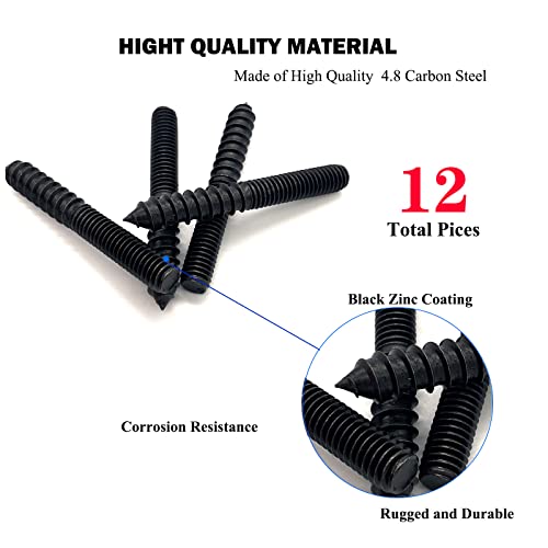 Image of 12 Pack 3 /8-16 x 3 Inch Black Hanger Bolts 3 /8-16 inch Double Headed Bolts 3 /8 Wood Dowel Screw Self-Tapping Screw Hanger Bolts for Furniture Double Head Threaded Rods Bolt 75mm Length