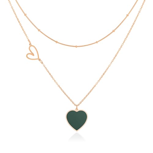 Linawe Collar en forma de corazón, collar verde para mujer, collar de acero inoxidable, joyas, cadena con colgante en capas, cadena con colgante en forma de corazón, collares de oro rosa