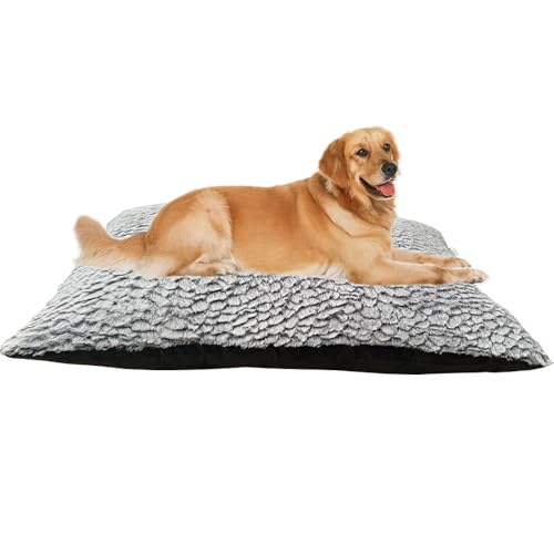 Pinkfairy Dog Bed Grey Large Pet Mattress - Washable Deluxe Fluffy Plush, Anti-Slip Crate Pad Square Cushion for Sleeping, Calming and Anti Anxiety 87x56x20 cm