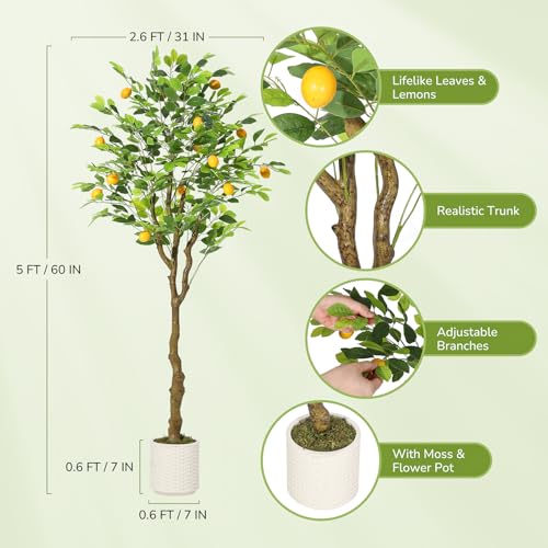 GarveeHome 5 FT Artificial Lemon Tree Indoor, Pre Potted Faux Lemon Tree with Realistic Fruit and Lifelike Leaves, Fake Lemom Plant with 50 Lights for Indoor Home Decor Office Living Room