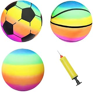 BQSHX 3 Pcs Toddler Sports Ball Set with Pump,Inflatable Football Basketball Rainbow Ball Outdoor Playground Garden Bouncy Beach balls Toy Game for Kids Children Boys Girls Christmas Birthday Gift