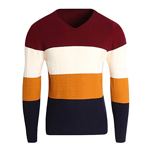 PRJN Jersey de manga larga con cuello en V a rayas para hombre, suéter de punto suave, suéter de lana con cuello en V para hombre, suéter de punto con cuello en V, suéter de punto para hombre, suéter