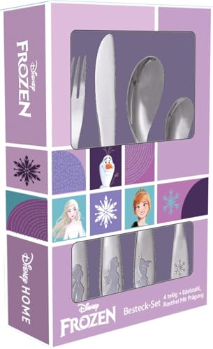 Frozen Die Eiskönigin Kinderbesteck Set 4-teilig - Edelstahl rostfrei mit Messer, Gabel, Suppenlöffel und Dessertlöffel - geprägtes Motiv mit Elsa, Anna und Olaf - spülmaschinengeeignet, kindgerecht