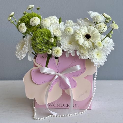 Image of 3D Floral Bag With Pearl String Handle - 10 Nos For Flowers & Gifts - Peach & Pink Flower