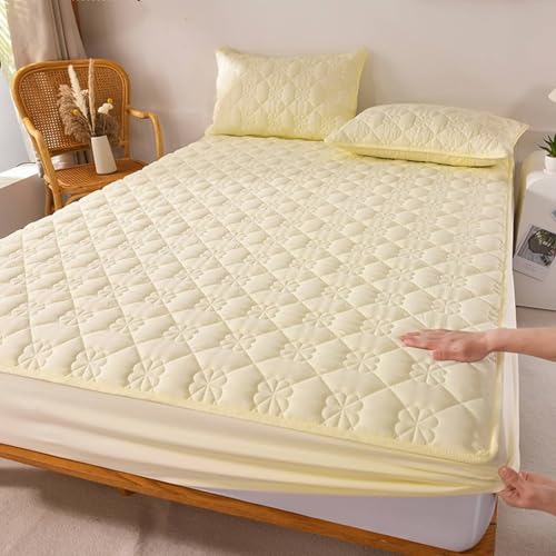 KnSam Sábana bajera de 180 x 200 cm con 2 fundas de almohada, juego de 3 piezas, sábana bajera con estampado de flores, cubrecolchón monocolor, textiles clásicos, de poliéster y algodón, color beige