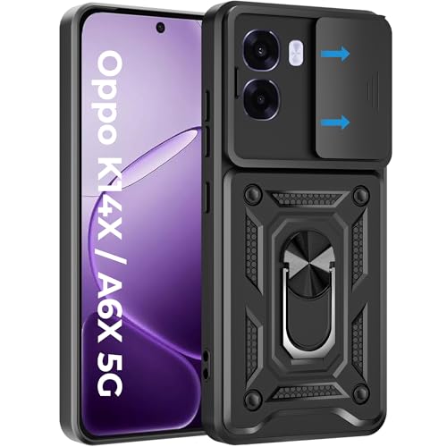 Image of A rtistque Armor Bumper Back Cover Case for Oppo K14x 5G / Oppo A6x / A6s 5G | Ring Holder Stand | Sliding Camera Protection | Shockproof Heavy Duty Design | Oppo K14x Back Cover - Black