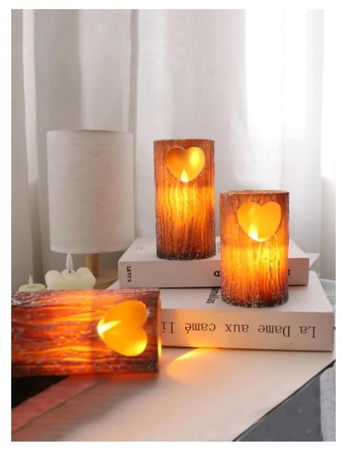 FYCAN 2 LED Light Wooden Heart Shape Flameless & Smokeless Melting Candle Perfect for Gifts, Home, Room, Birthday,Realistic Flickering Flames Country Style,for Christmas (Brown Pine Tree)_2pcs -Brown 1
